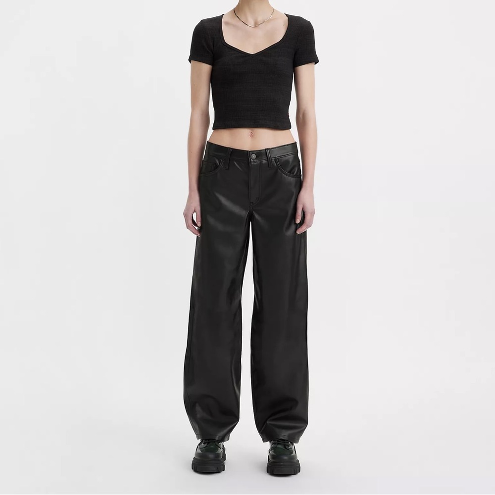 Baggy dad faux leather pants in slippery slope